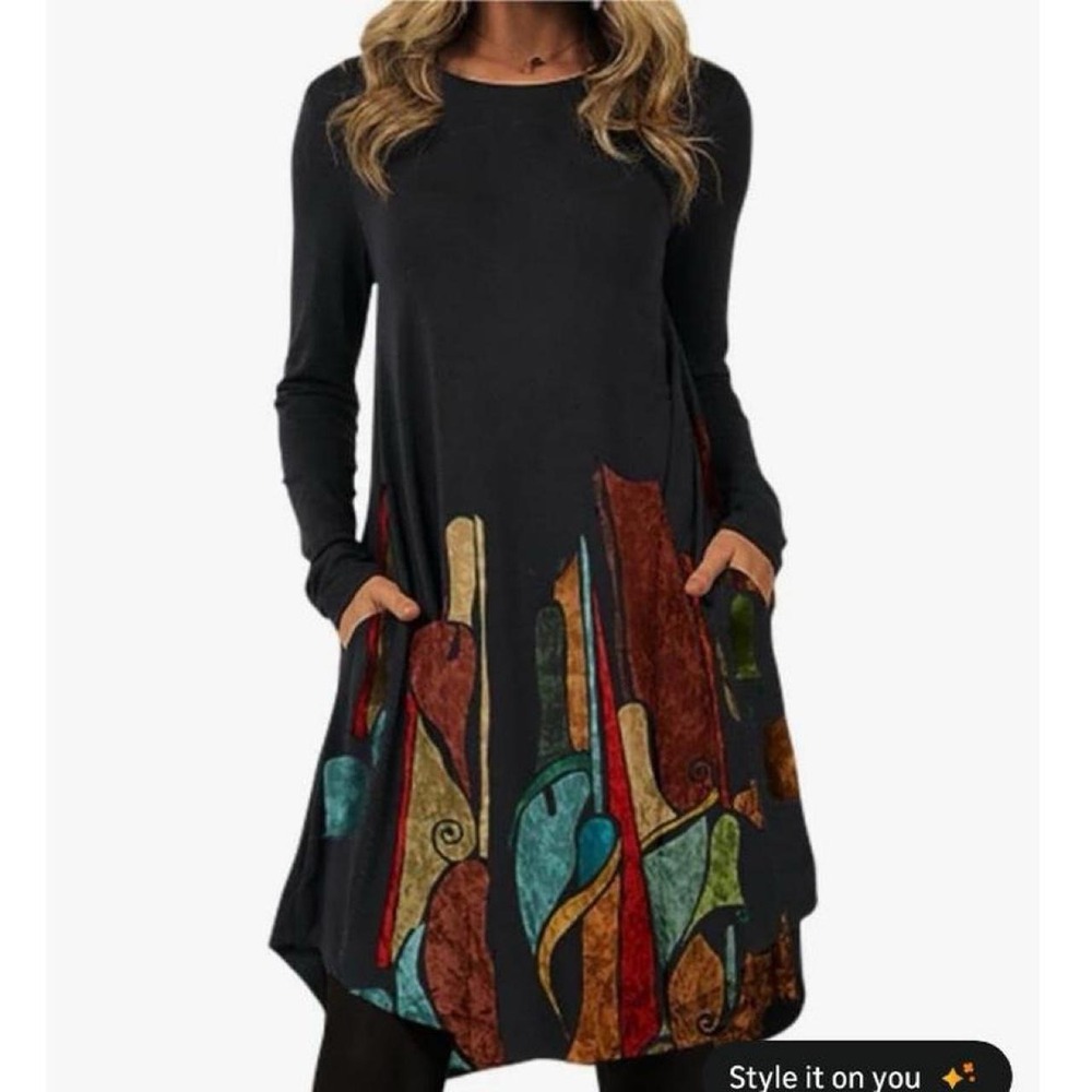 Akivide Women's Ethnic Style Floral Printed Long Sleeve Mini Dress